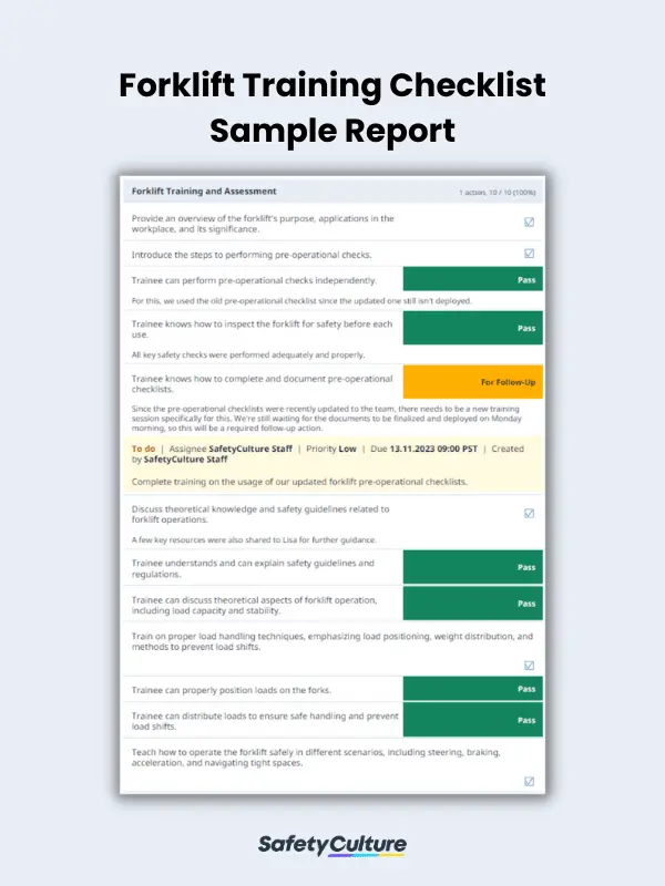 Forklift Training Checklist Sample Report