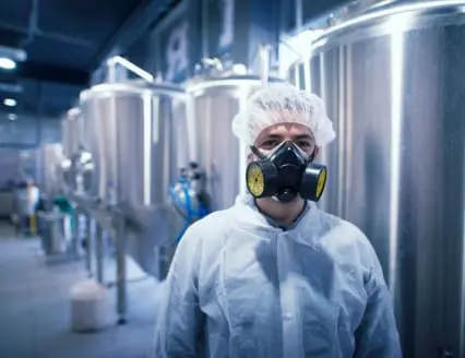 Man in white protective uniform with hairnet and protective mask handling hazardous chemicals.