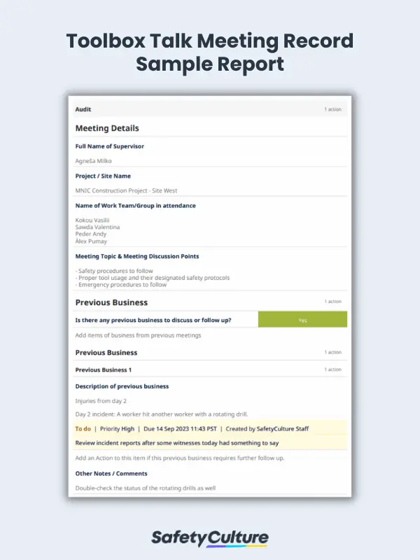 Toolbox Talk Meeting Record Sample Report