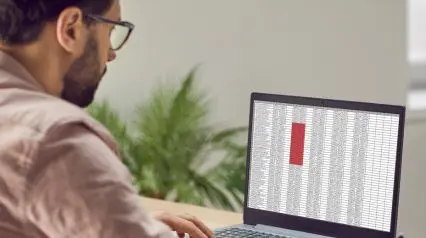 a financial analyst assessing a vendor's due diligence with the help of vendor due diligence checklist on laptop