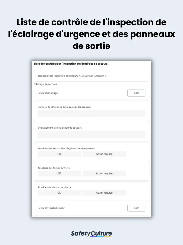 Liste de contrôle de l'inspection de l'éclairage d'urgence et des panneaux de sortie