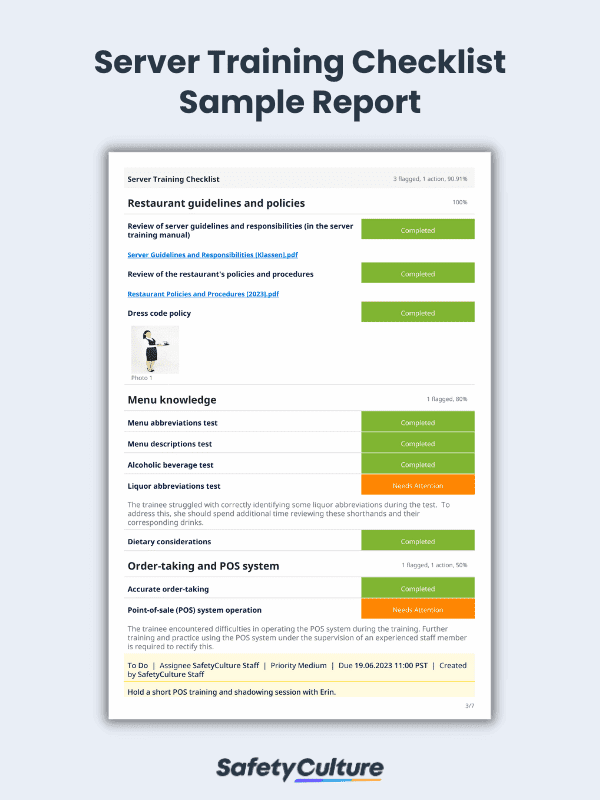 Server Training Checklist Sample Report