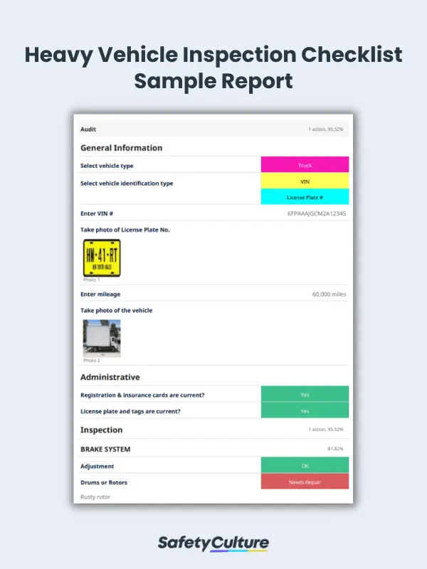 Heavy Vehicle Inspection Checklist Sample Report