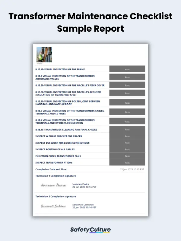 Transformer Maintenance Checklist Sample Report