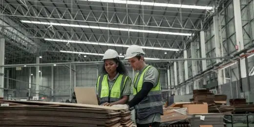 two environmental officers devising a corporate carbon footprint reduction plan using a laptop