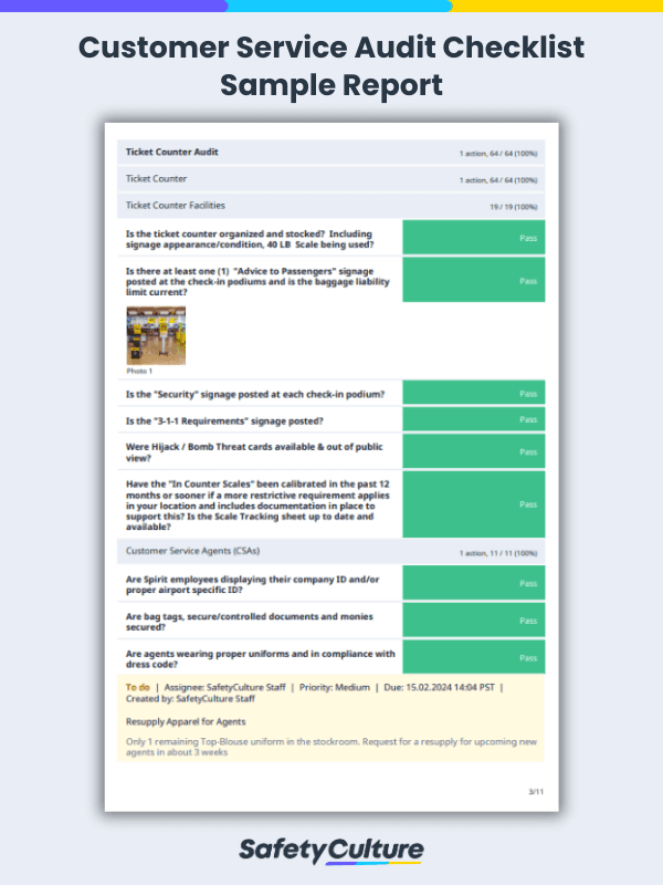 customer service audit checklist sample report