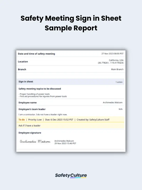 Safety Meeting Sign in Sheet Sample Report | SafetyCulture