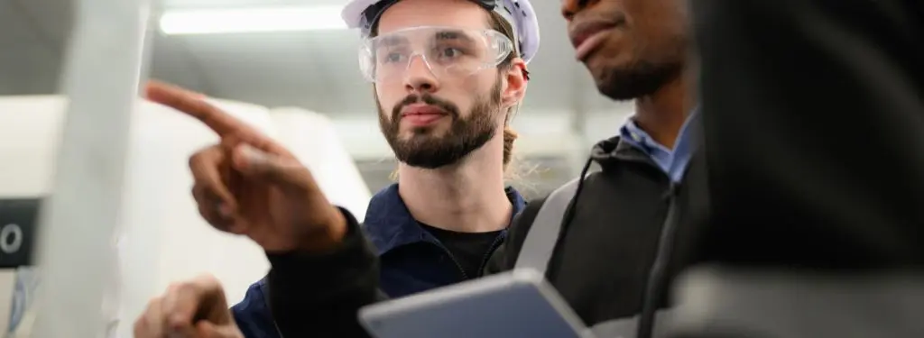 two electricians conducting electrical training using electrical training software on tablet