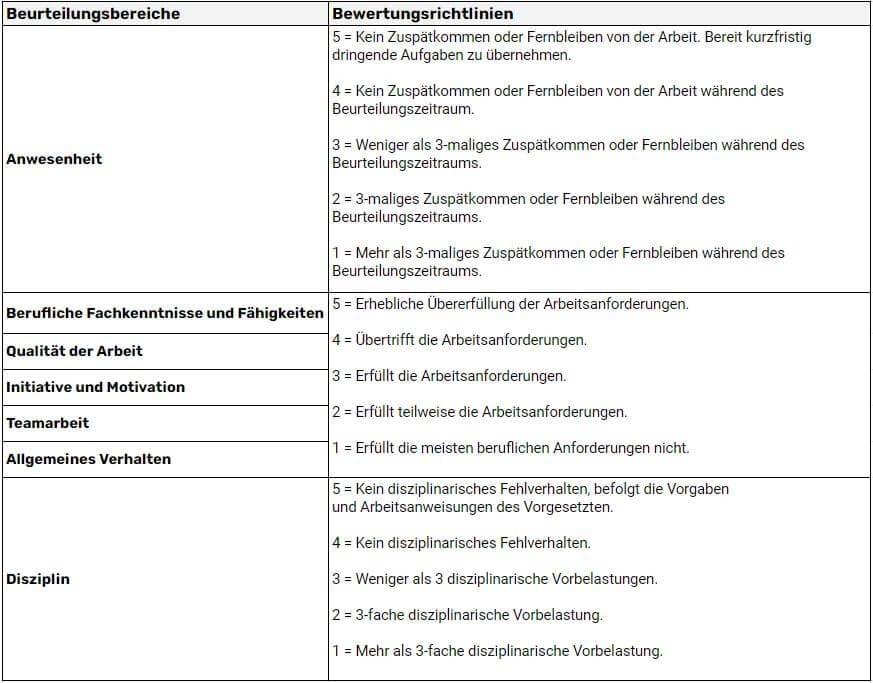 Bewertungsleitfaden für das Personalbeurteilungsformular