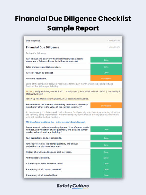 Liste de contrôle de la diligence financière Exemple de rapport