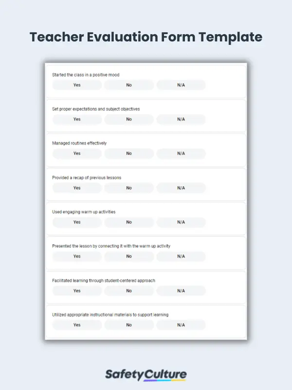 Teacher Evaluation Form Template