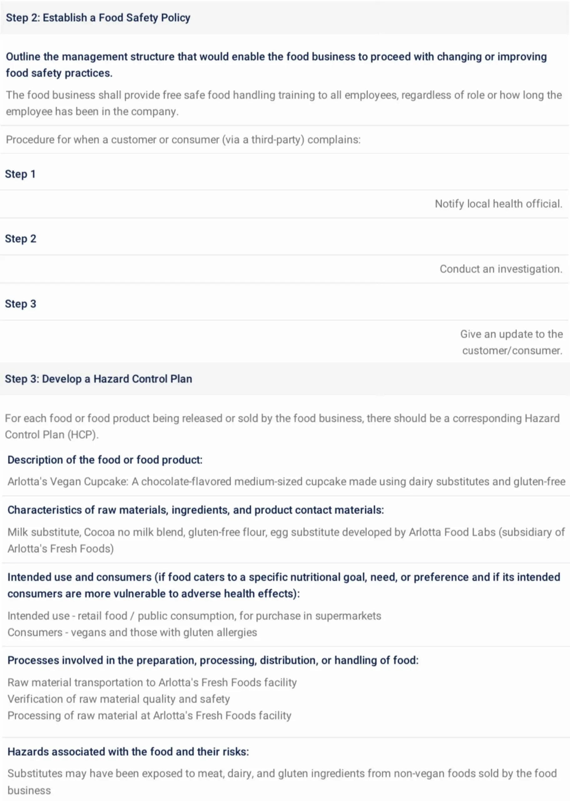 food safety management system example