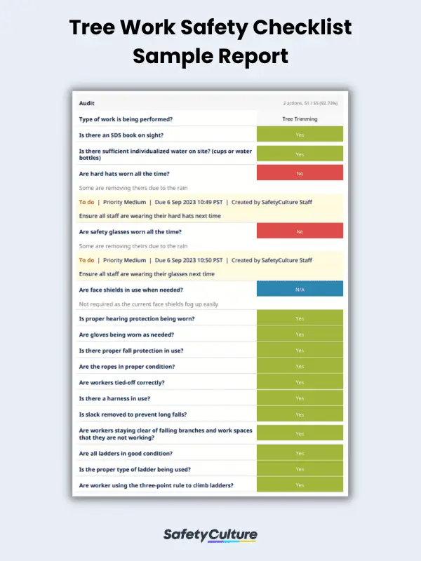 Tree Work Safety Checklist Sample Report