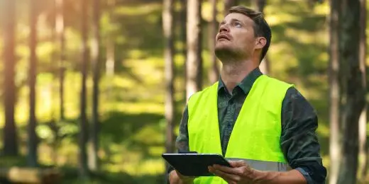 employee outside their workplace conducting a sustainability audit with a tablet