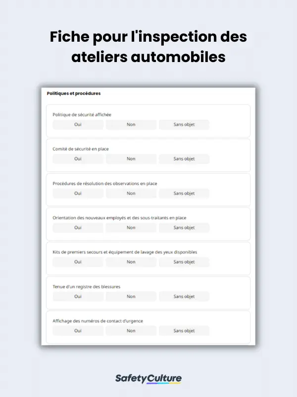 Fiche pour l'inspection des ateliers automobiles