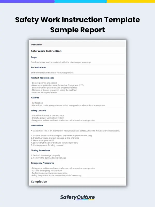 Safety Work Instruction Template Sample Report