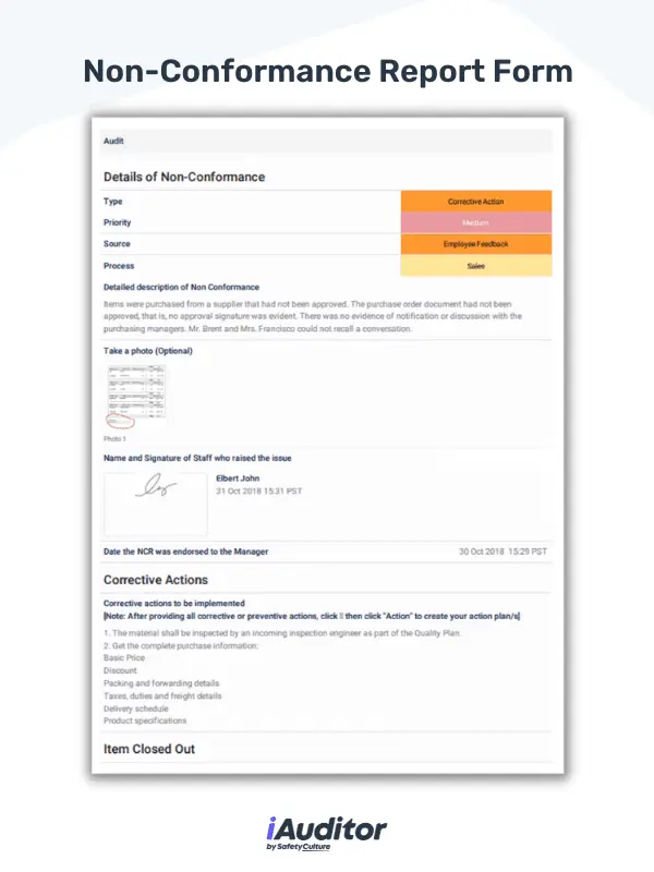 Non-conformance paperless audit report